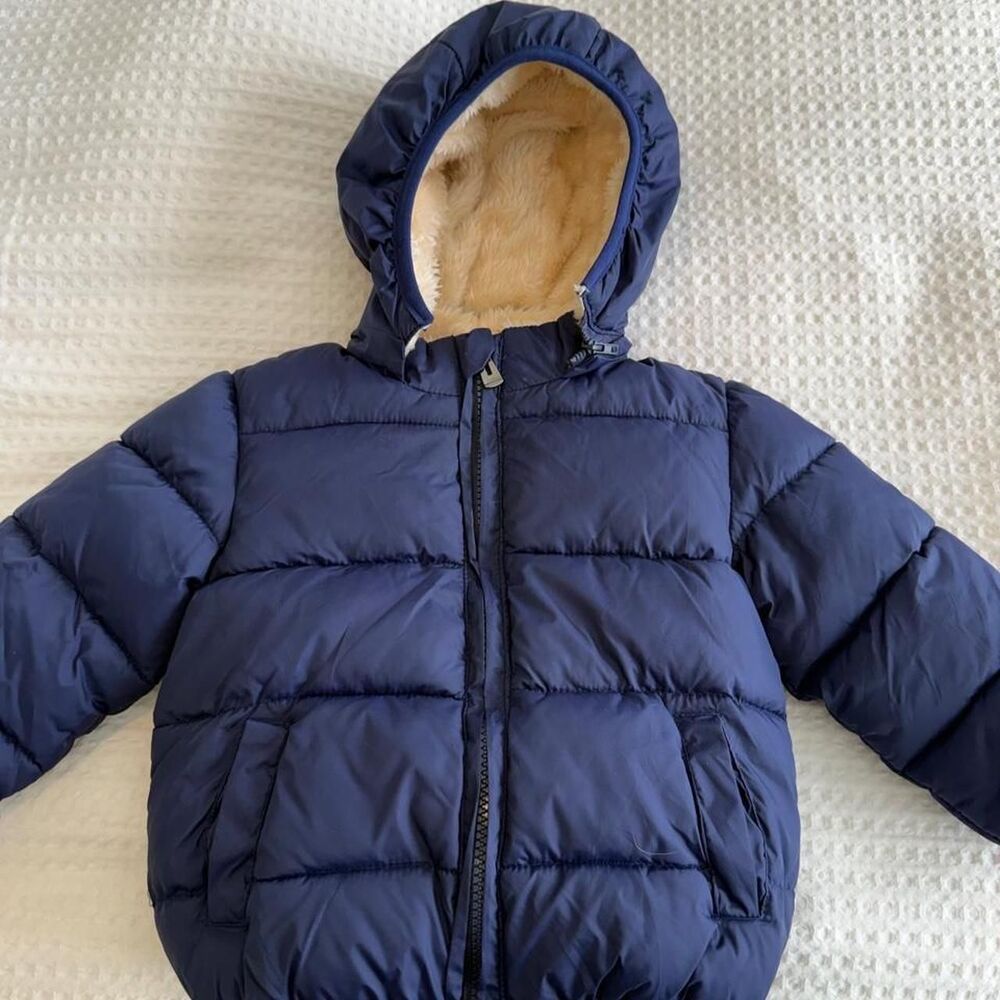 Navy Blue Puffer Jacket w/ removable hood- Size 12-18mo.